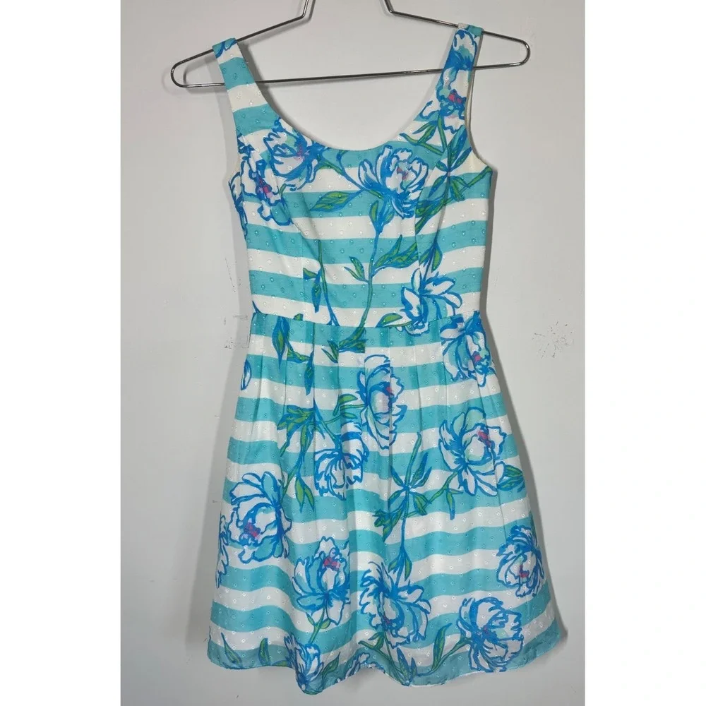Lilly Pulitzer Roswell Dress Tossing the Line Shorely Blue Stripe Size 00 Resort - Picture 2 of 10